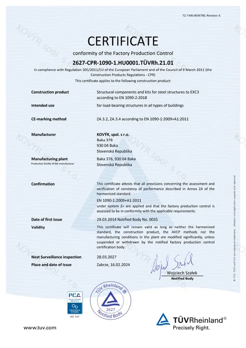 KOVÝR spol. s r.o. certificate no. 1