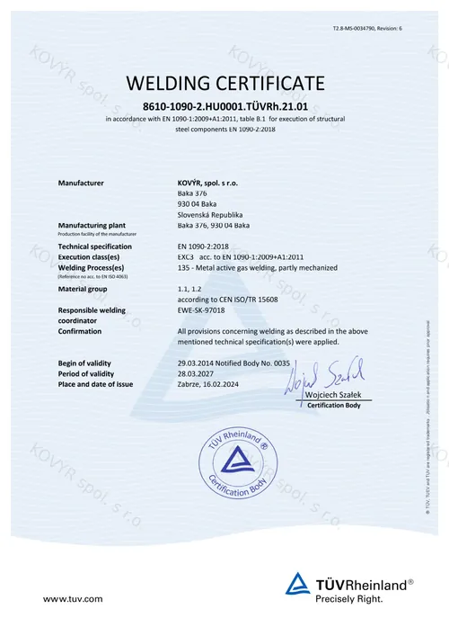 KOVÝR spol. s r.o. certificate no. 2