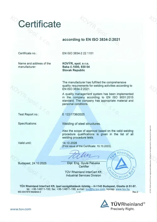 KOVÝR spol. s r.o. certificate no. 3