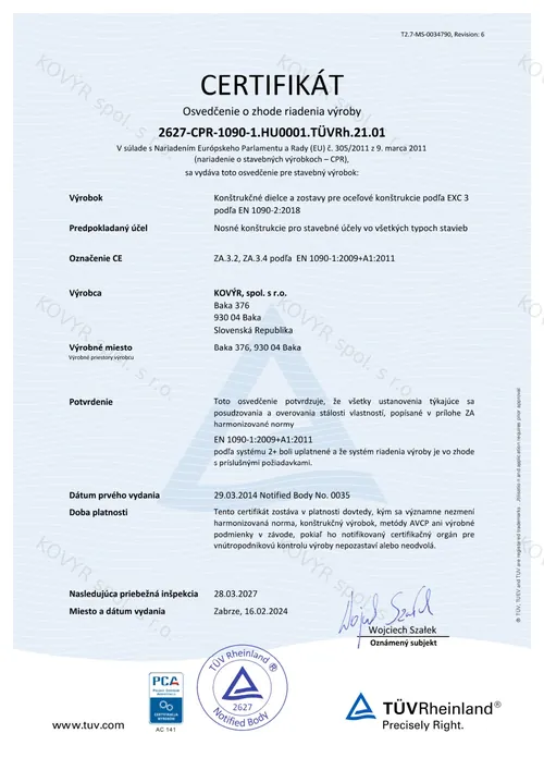 Certifikát KOVÝR spol. s r.o. č. 1