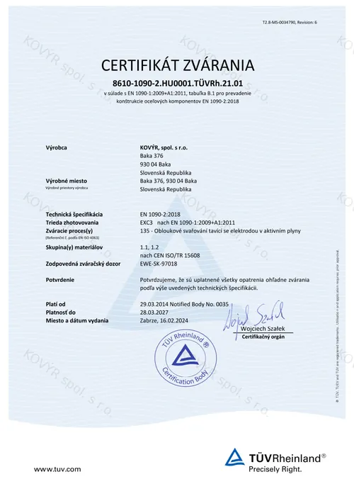 Certifikát KOVÝR spol. s r.o. č. 2