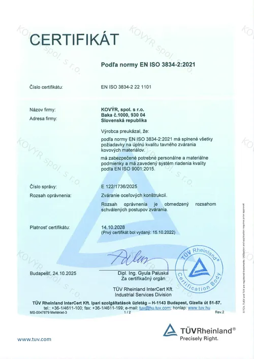 Certifikát KOVÝR spol. s r.o. č. 3