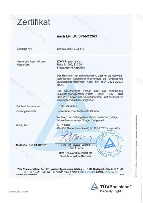 Zertifikat der KOVÝR spol. s r.o. Nr. 3